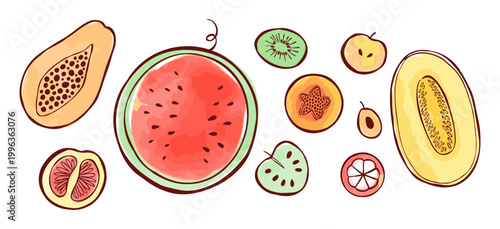 Collection of various fruits isolated on a white background. Vector sketch illustrations with watercolor stains. Papaya, pomelo, watermelon, kiwi, sugar apple, plum, apple, mangosteen, melon.