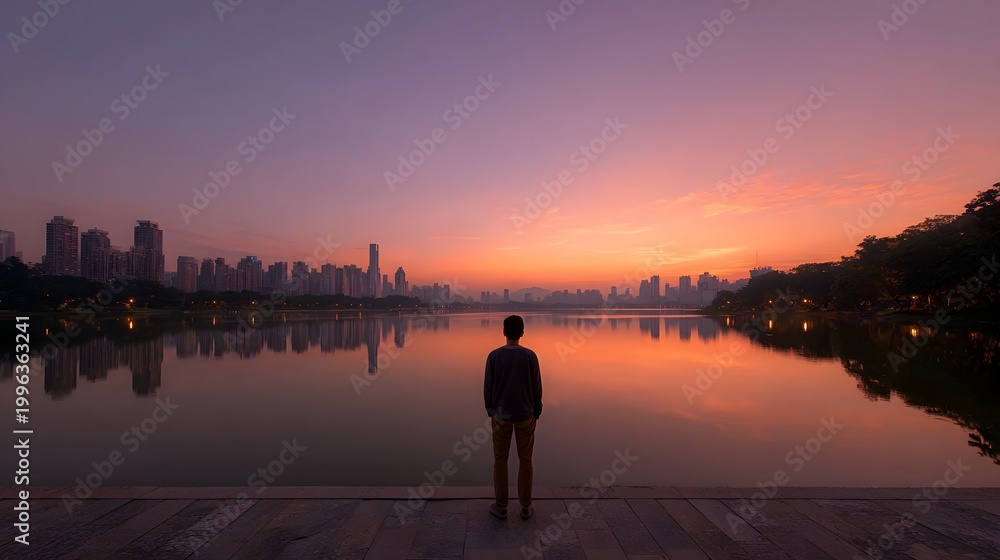 Fototapeta premium A solitary figure stands contemplating the expansive metropolitan skyline reflecting in the calm waters at dawn