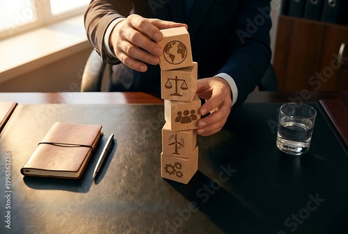 Man building wooden blocks with symbols on desk in office  business concept  law  justice  earth  people  work