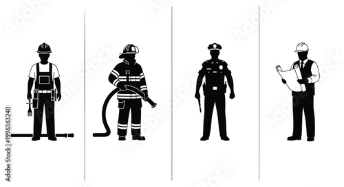 Emergency responders icons, firefighters, police, EMT, rescue workers, black and white vector illustrations