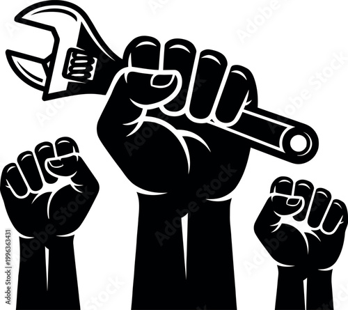 Three fists holding a wrench