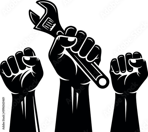 Three fists holding a wrench