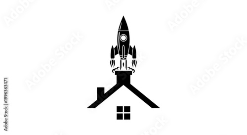 Rocket ship launching from a house.