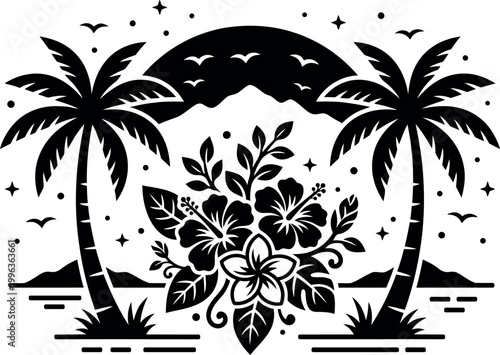 Tropical island scene with palm trees and flowers