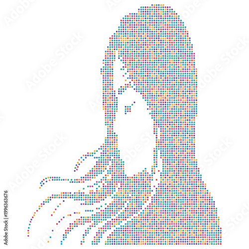 Abstract Female Silhouette Made of Colorful Dots and Pixels, Digital Mosaic Portrait, Futuristic Data Art, Creative Technology Background.