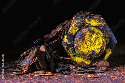 Close-up of an old bolt with nut covered in rust and paint residue, surrounded by rust flakes after cleaning, placed on a rusty metal surface in harsh industrial lighting