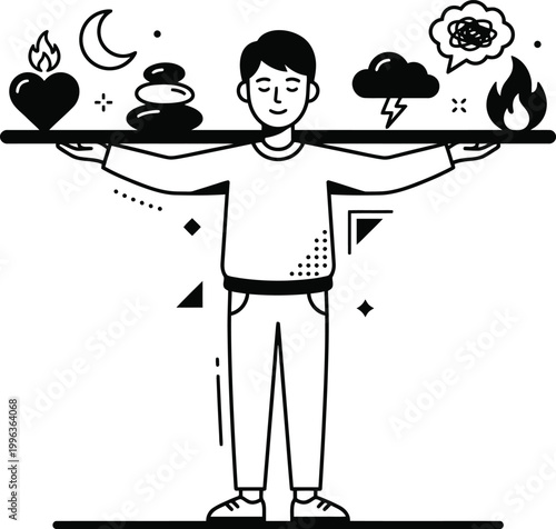 Man balancing emotions on a seesaw