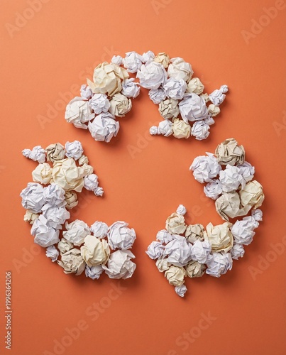 Recycle symbol made of many small crumpled paper balls on orange background, eco-friendly sustainability concept, recycleconceptseries studio photography, waste management, circular economy, creative.