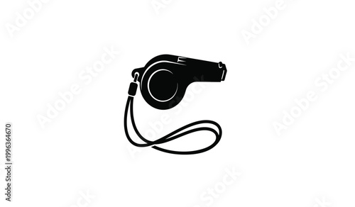 A stark black silhouette depicts a classic sports whistle with a lanyard creating a minimalist image for referees and athletes silhouette high quality professional