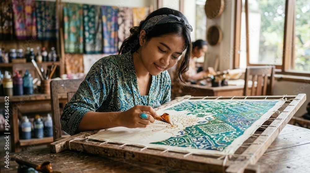 Fototapeta premium Young woman creating batik fabric in an art studio