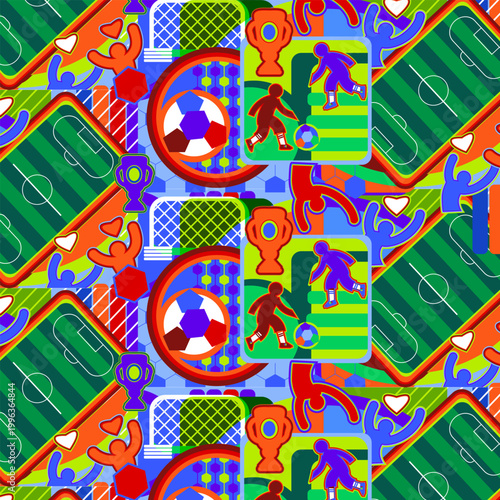 2026 Summer soccer competition background geometric icons sports game symbols abstract seamless pattern for kids camp event decoration cover book design web site banner football gift vector template
