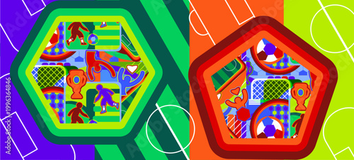 Hello Summer colorful background 2026 geometric icons sports game symbols abstract pattern for soccer kids camp event decoration cover book design web site banner brochure gifts card vector template