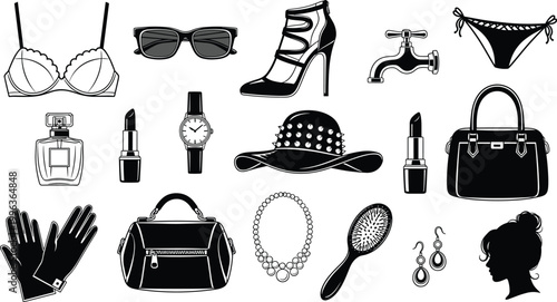 Fashion Accessories Vector Set Featuring Stylish Handbags, Shoes, Jewelry, and Beauty Products for Women