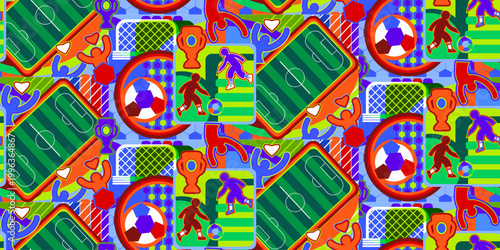 Hello Summer colorful background geometric icons sports game symbols abstract soccer competition seamless pattern for kids camp event decoration cover book design 2026 web site banner card vector 