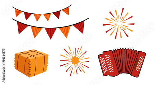 Celebration party items with fireworks and decorations