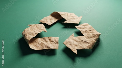 Recycle symbol made of crumpled old newspaper on green background, eco-friendly environment sustainability concept, recycleconceptseries studio photography, paper waste, circular economy, information.