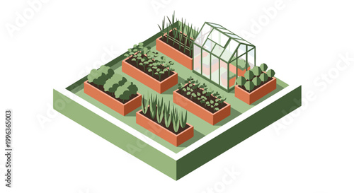 Isometric garden with greenhouse and vegetable beds