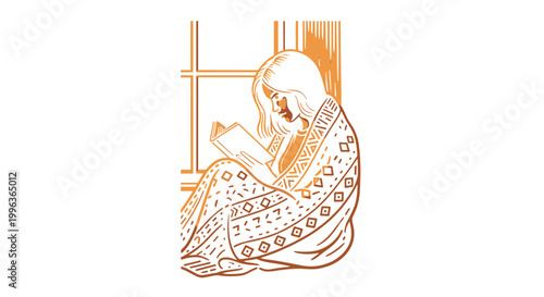 Line art illustration of an elderly woman reading a book