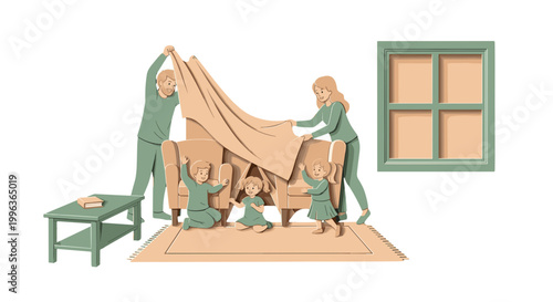 Family assembling furniture in living room interior