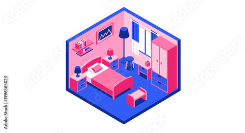 Isometric illustration of a cozy bedroom interior design