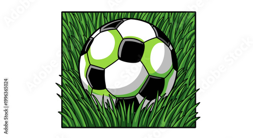 Soccer ball resting on lush green grass field
