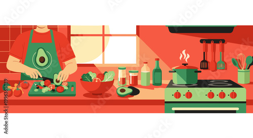 Woman preparing healthy food in kitchen with vegetables