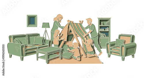 Family moving furniture into living room during relocation