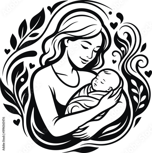 Loving mother holding newborn baby in black and white illustration