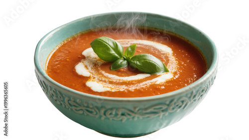 Obraz na plátně Steaming tomato soup with cream swirl and basil garnish, isolated on transparent