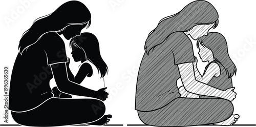 Mother and Child Embrace Vector Design Depicting Love, Care, and Affection in Silhouette and Line Art Styles