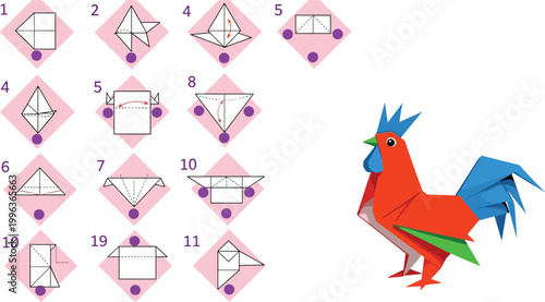Origami Rooster Folding Instructions Vector Set Featuring Step-by-Step Guide for Paper Craft Art