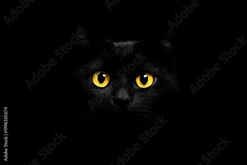 Glowing Yellow Eyes of a Black Cat Appear From a Dark Background Revealing Mystery and Intrigue in a Minimalist Setting