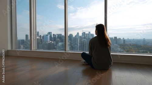 A person sitting indoors by a large window overlooking a sprawling urban cityscape during the daytime Free Download A person sitting indoors by a large window overlooking a sprawling urban cityscape during the daytime - GFXLoad