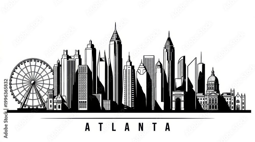 Fototapeta premium A horizontal banner displaying the Atlanta city skyline, featuring a black-and-white silhouette of Atlanta, USA, presented as a vector template for design use.