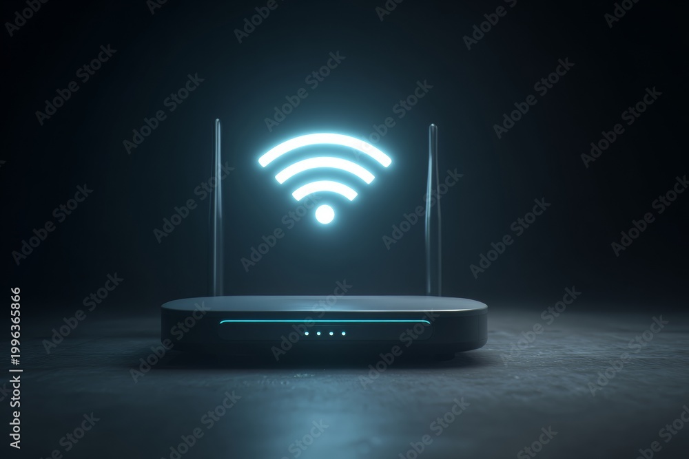 Fototapeta premium Glowing Secure Wi-Fi Symbol on Router in Dark Room Showing Network Security Features and Home Internet Connection