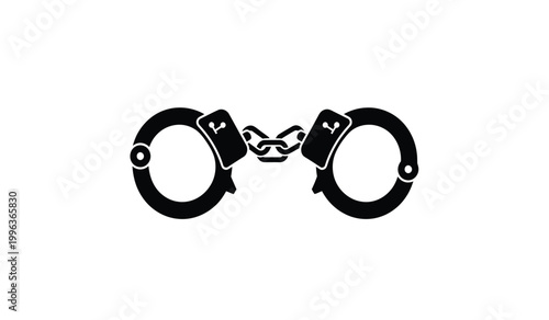 A stark depiction of black metal handcuffs securely fastened against a plain white background creating a powerful silhouette high quality professional detailed modern elegant