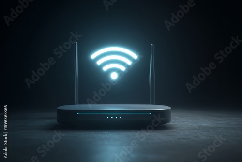 Glowing Secure Wi-Fi Symbol on Router in Dark Room Showing Network Security Features and Home Internet Connection