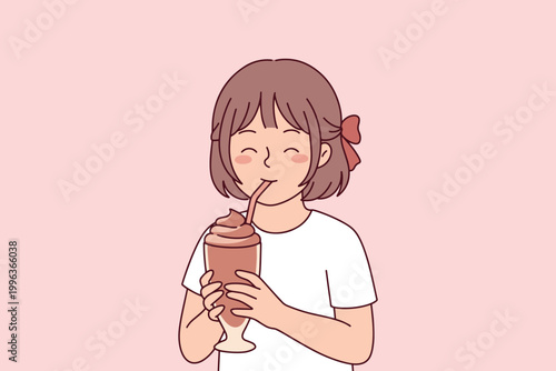 A cute young girl enjoys a tall glass of thick chocolate milkshake with a straw, happily drinking her favorite cocoa-flavored dairy beverage at home.