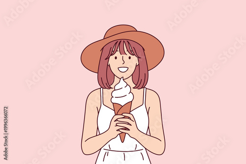 A cheerful young woman wearing a summer hat smiles warmly while holding a swirl of soft-serve vanilla ice cream in a cone on a sunny day.