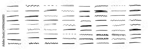 Hand drawn underline strokes set with brush, marker, pencil and crayon lines. Scribble, straight and wavy strokes, rough textures, chalkboard style, highlight, strike, divider vector doodle collection