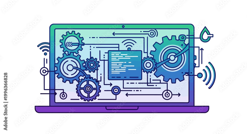 Fototapeta premium Laptop with gear and technology icons.