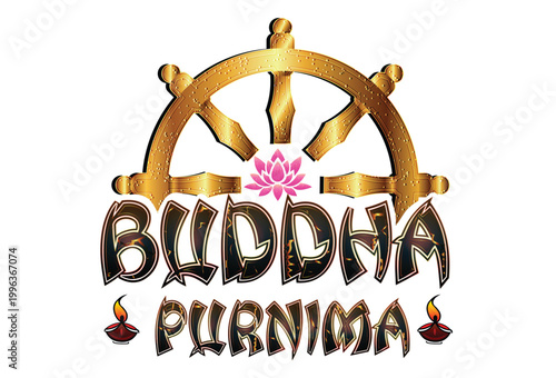 Buddha Purnima and Vesak Day celebration typography with golden dharmachakra wheel and lotus flower vector illustration
