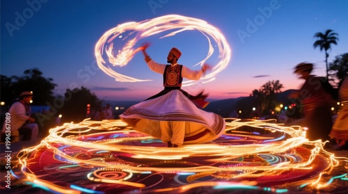 Whirling Dervish Performance with Fire in Twilight Landscape