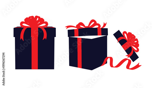 This image depicts three dark gift boxes adorned with vibrant red ribbons one fully closed one partially open and one with a detached bow silhouette