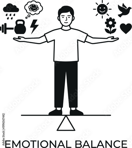 Man balancing emotions on a seesaw