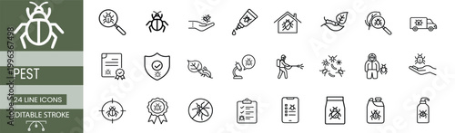 Pest control line icons set exterminator service pesticide spray pump insect inspection gel tube protection shield truck house & more vector illustration with editable stroke.