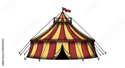 A colorful illustration of a classic circus tent with red and yellow stripes