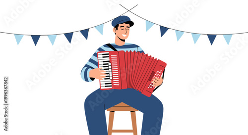 A man playing an accordion while sitting on a stool outdoors