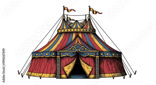 A colorful illustration of a circus tent with a vibrant striped design