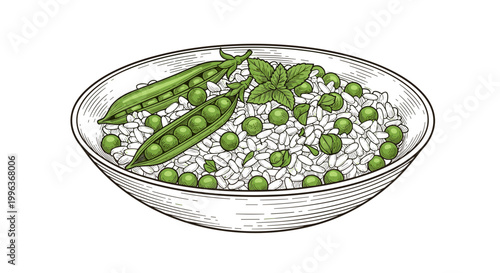 A simple line drawing of a bowl of peas and rice